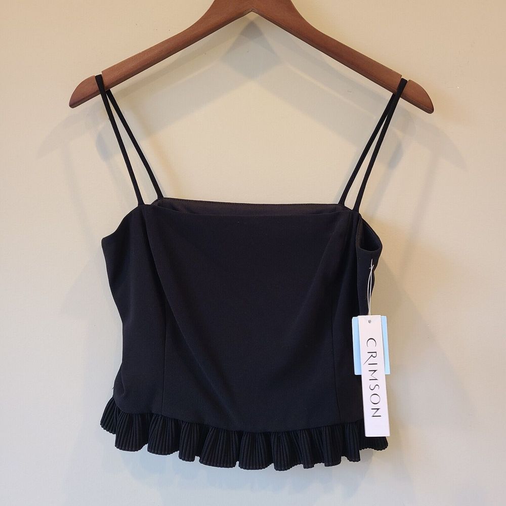 NWT Crimson Lawrence Kurtz Women's Crop Top Size 10P Black Ruffle Strappy Club